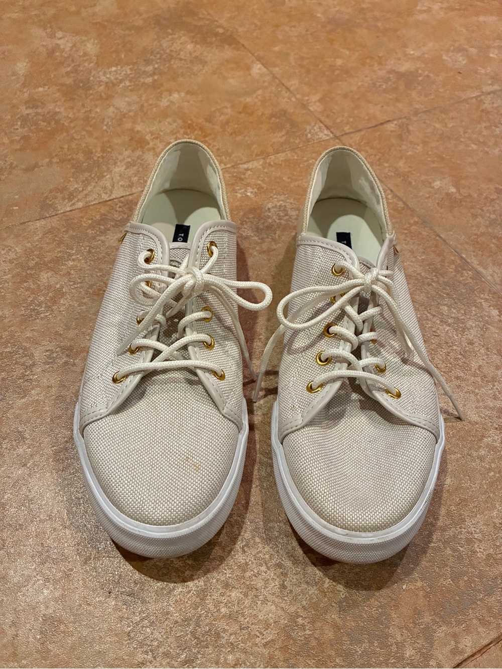 Tommy Hilfiger Cream Canvas Lace-Up Sneakers with Gold Eyelets
